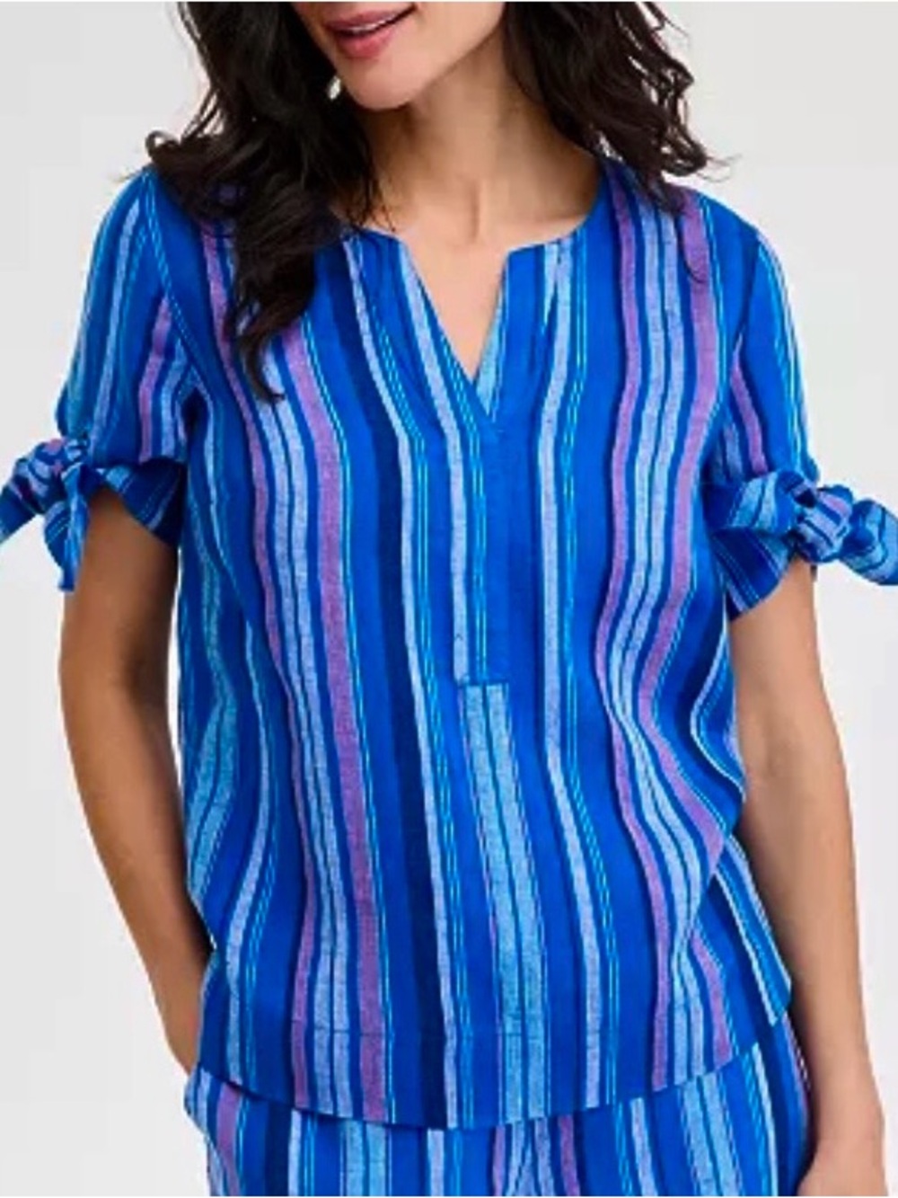 Charter Club Luxury 100% Linen Tied Sleeve Top Women's Striped Vibrant Blue sz S
